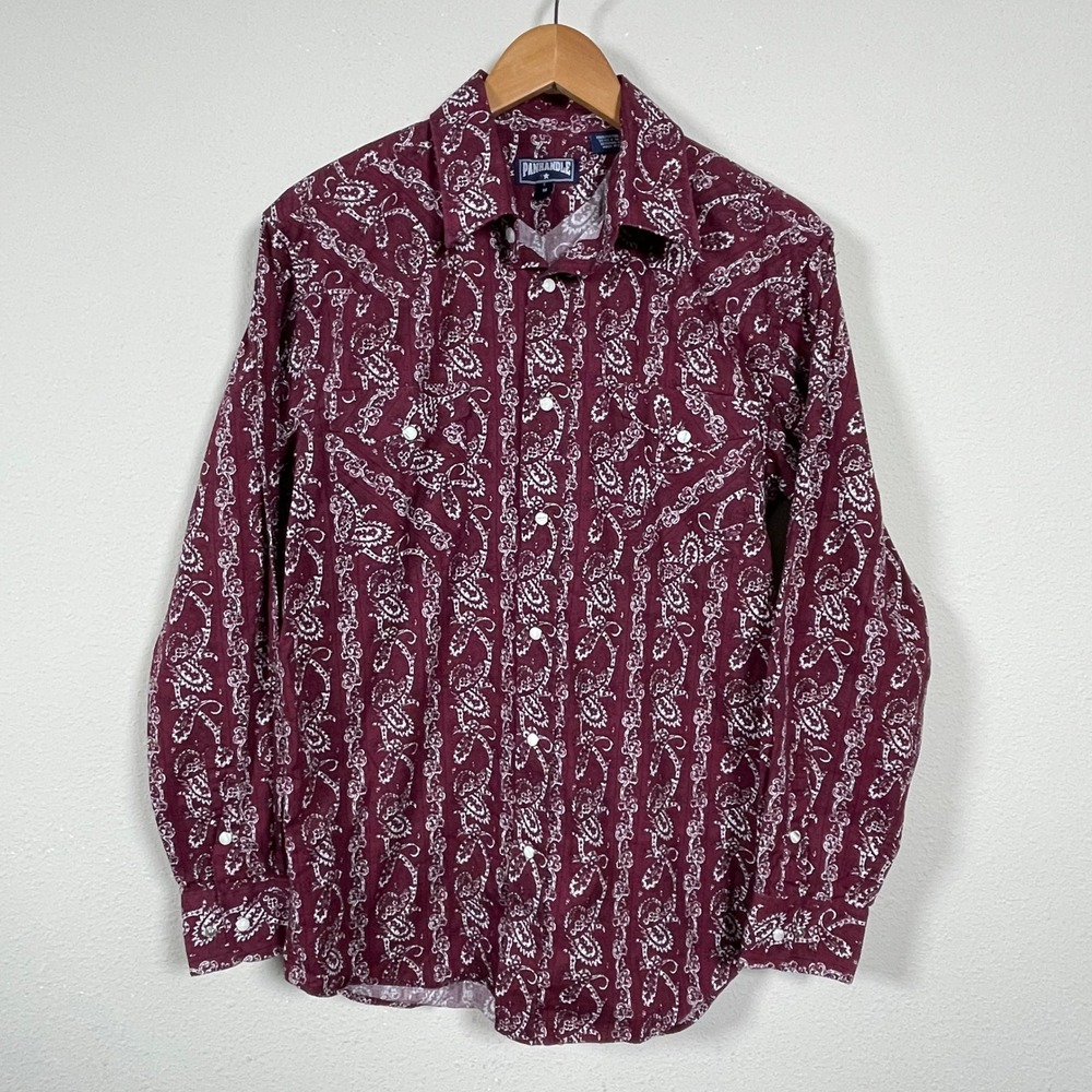 Panhandle Button Down Shirt Men M Burgundy Paisley Rodeo Rockabilly Western Snap